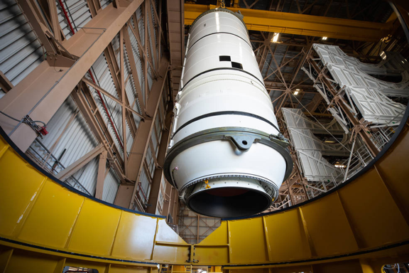 One of five segments that make up one of two solid rocket boosters for NASA's SLS.