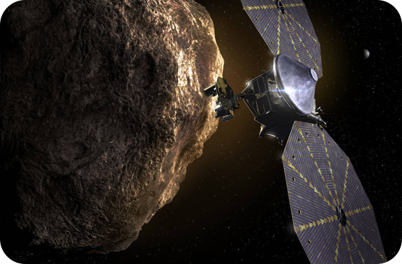 Lucy spacecraft passing one of the Trojan Asteroids near Jupiter.