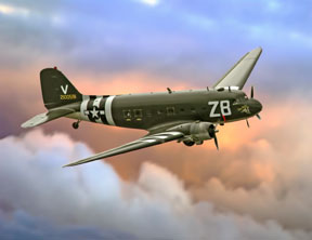 The VAC's C-47 Tico Belle flying in sunset clouds.