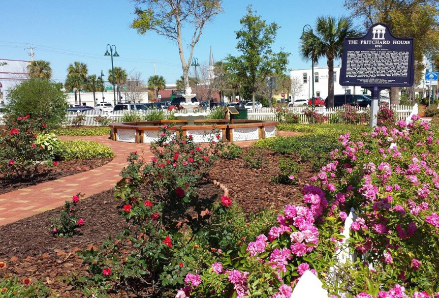 The historic marker in the Pritchard House garden on Washington Avenue, Titusville, FL