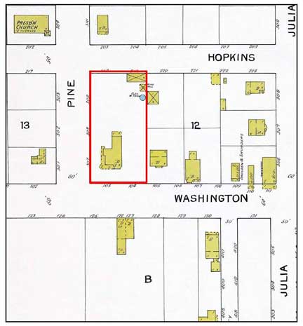 1893 Sanborn map locating the Pritchard House in Titusville, FL.