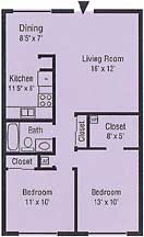 Floor Plan - 2 bedroom, 1 bath